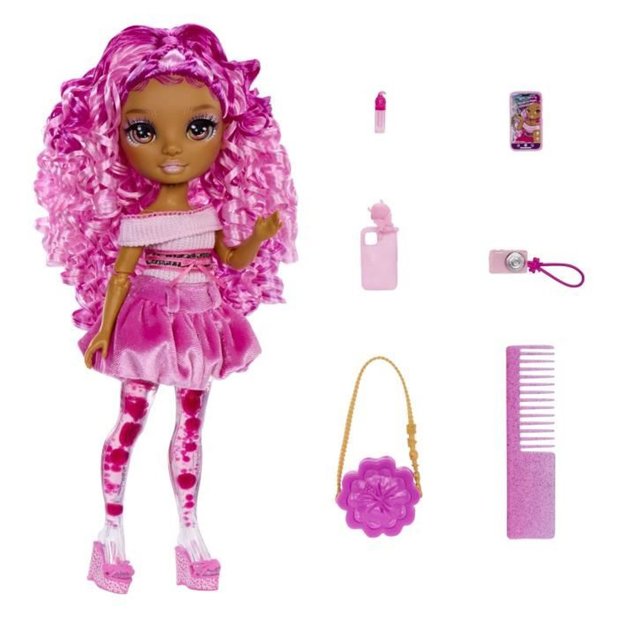 Puppe mit pinken Locken, pinkem Outfit und Accessoires: Kamm, Tasche, Kamera, Handy, Flasche.