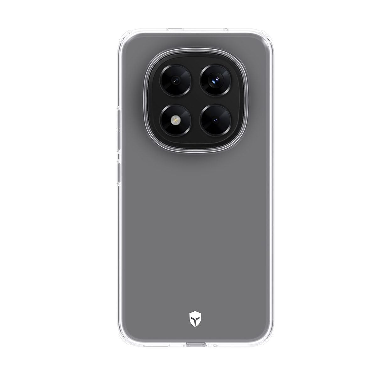 Custodia trasparente con configurazione a quattro fotocamere su telefono grigio.