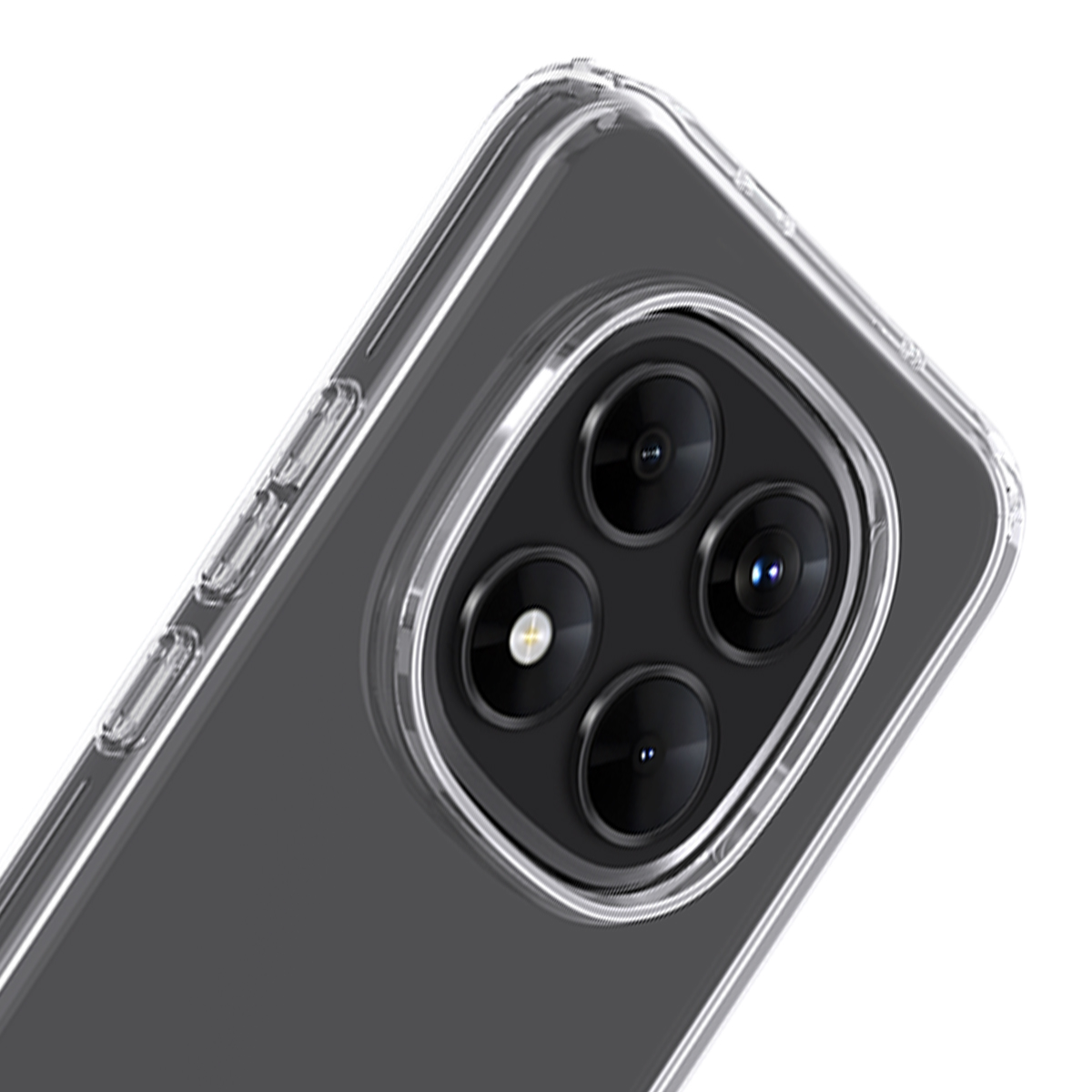 Una custodia trasparente per telefono che mostra un modulo quad-camera.