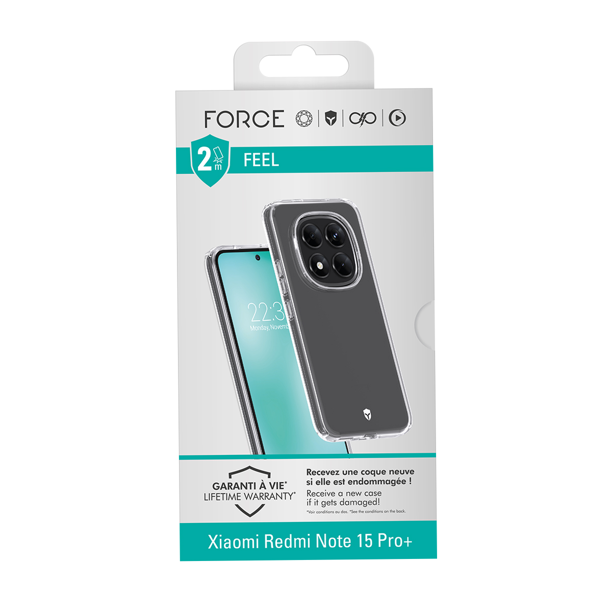 Confezione per cover Xiaomi Redmi Note 15 Pro+ con protezione trasparente.