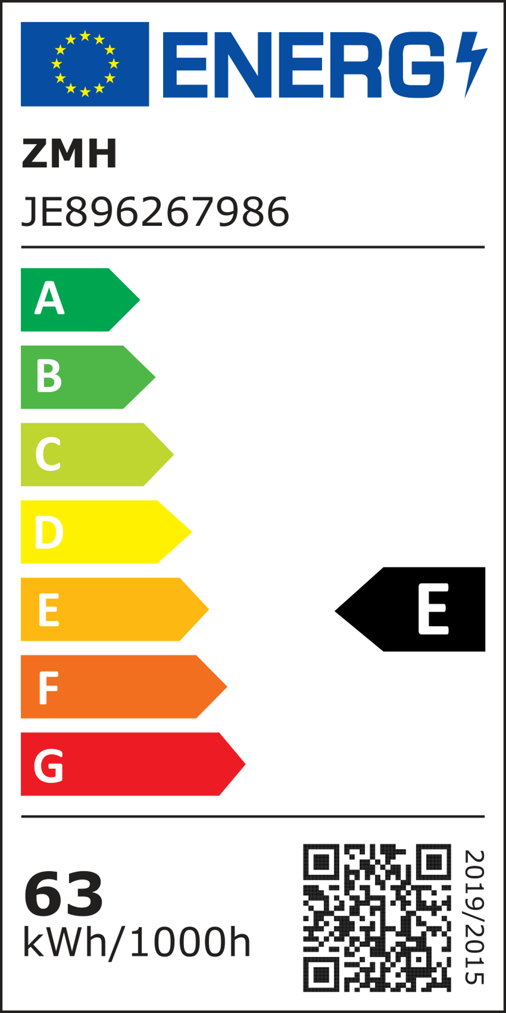 Energielabel mit Skala von A bis G, Energieeffizienz E, 63 kWh/1000h.