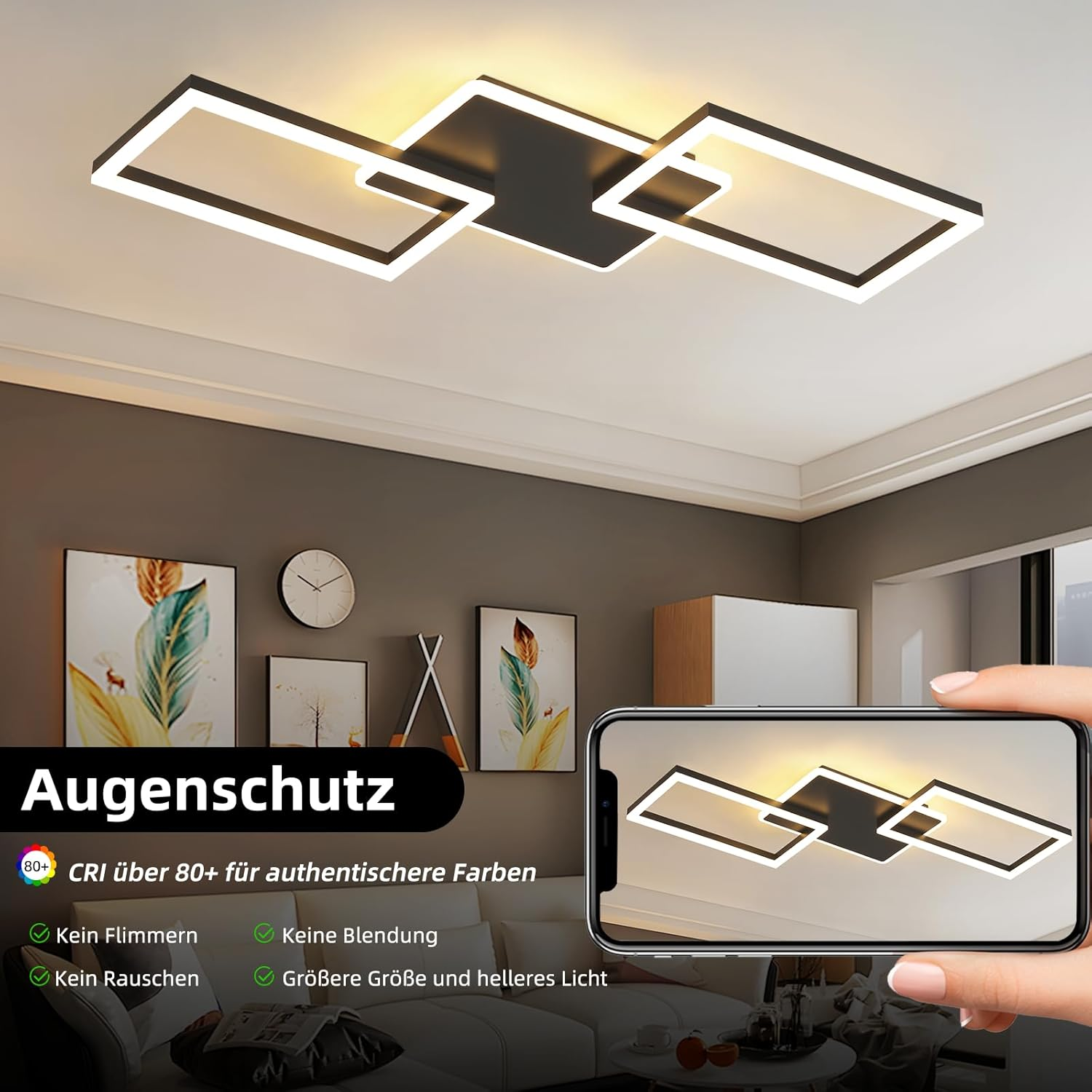 Moderne Deckenleuchte mit drei quadratischen Ringen in Schwarz und Weiß.