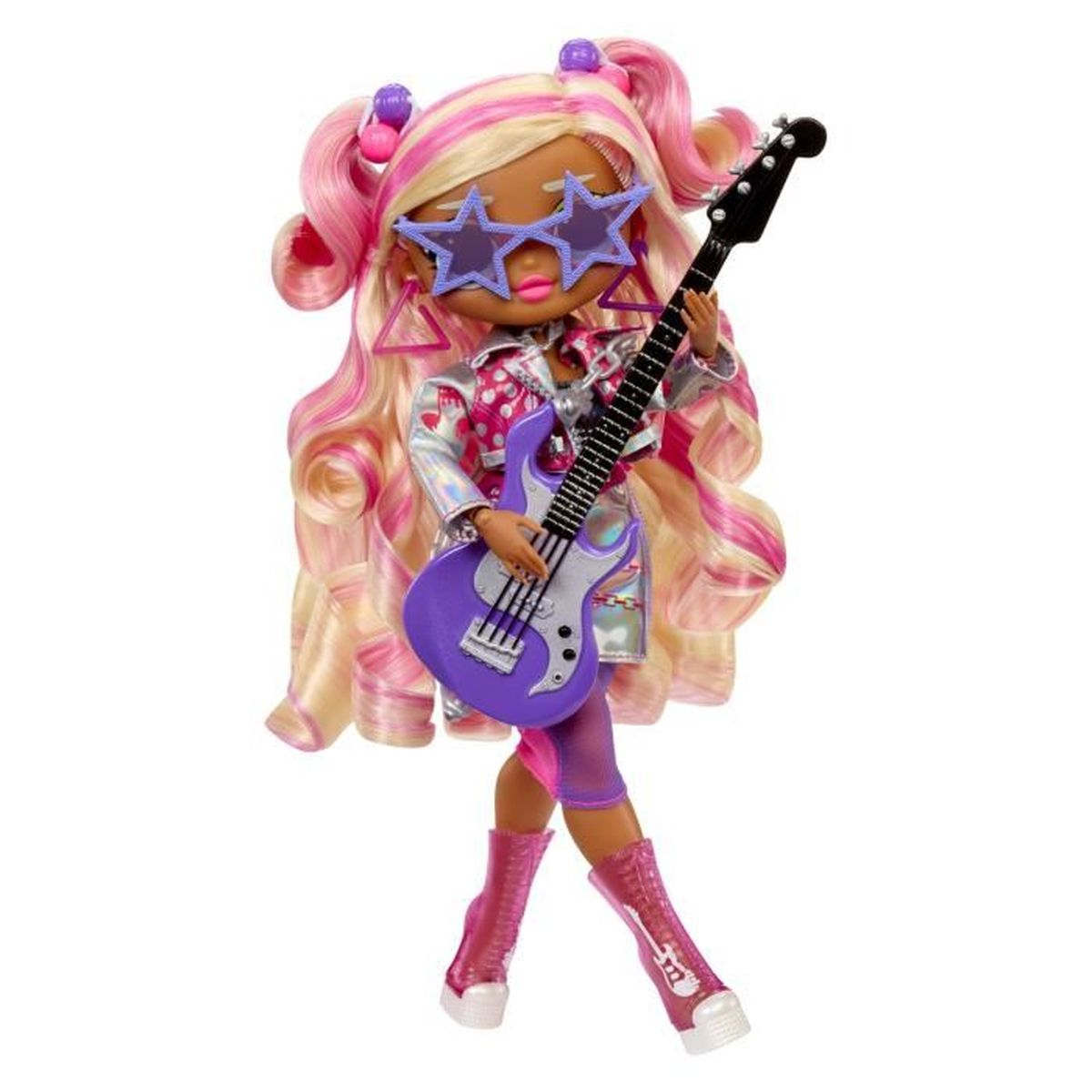 Eine Puppe mit langen rosa und blonden Haaren spielt eine lila Gitarre.