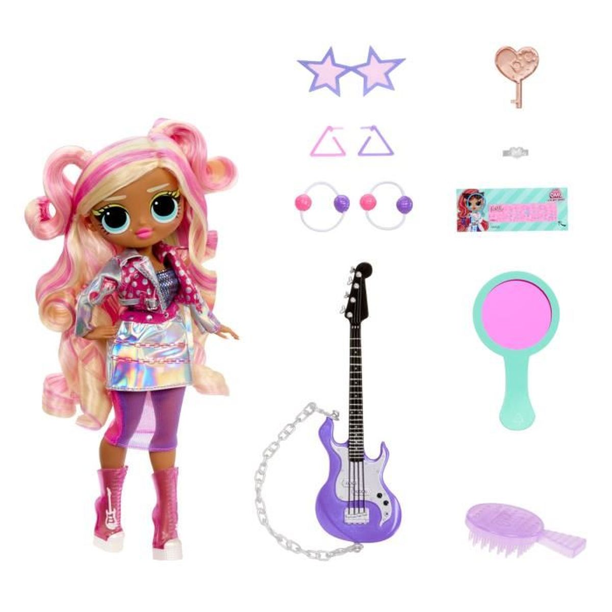 Eine Puppe mit rosa Haaren und Zubehör: Gitarre, Spiegel, Ring, Schlüssel, Sterne und Ohrringe.