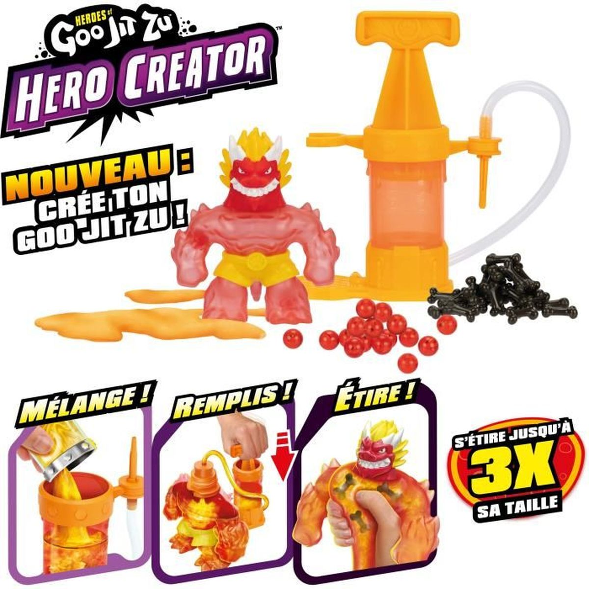 Goo Jit Zu Hero Creator Spielzeug mit einer Figur, einer Füllstation und roten Kugeln.