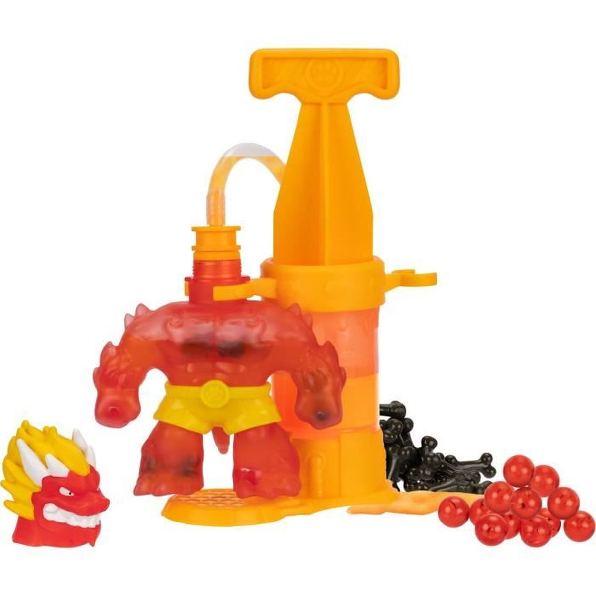 Ein orangefarbener Spielzeug-Actionfigur-Launcher mit einer durchsichtigen Figur und roten Kugeln.