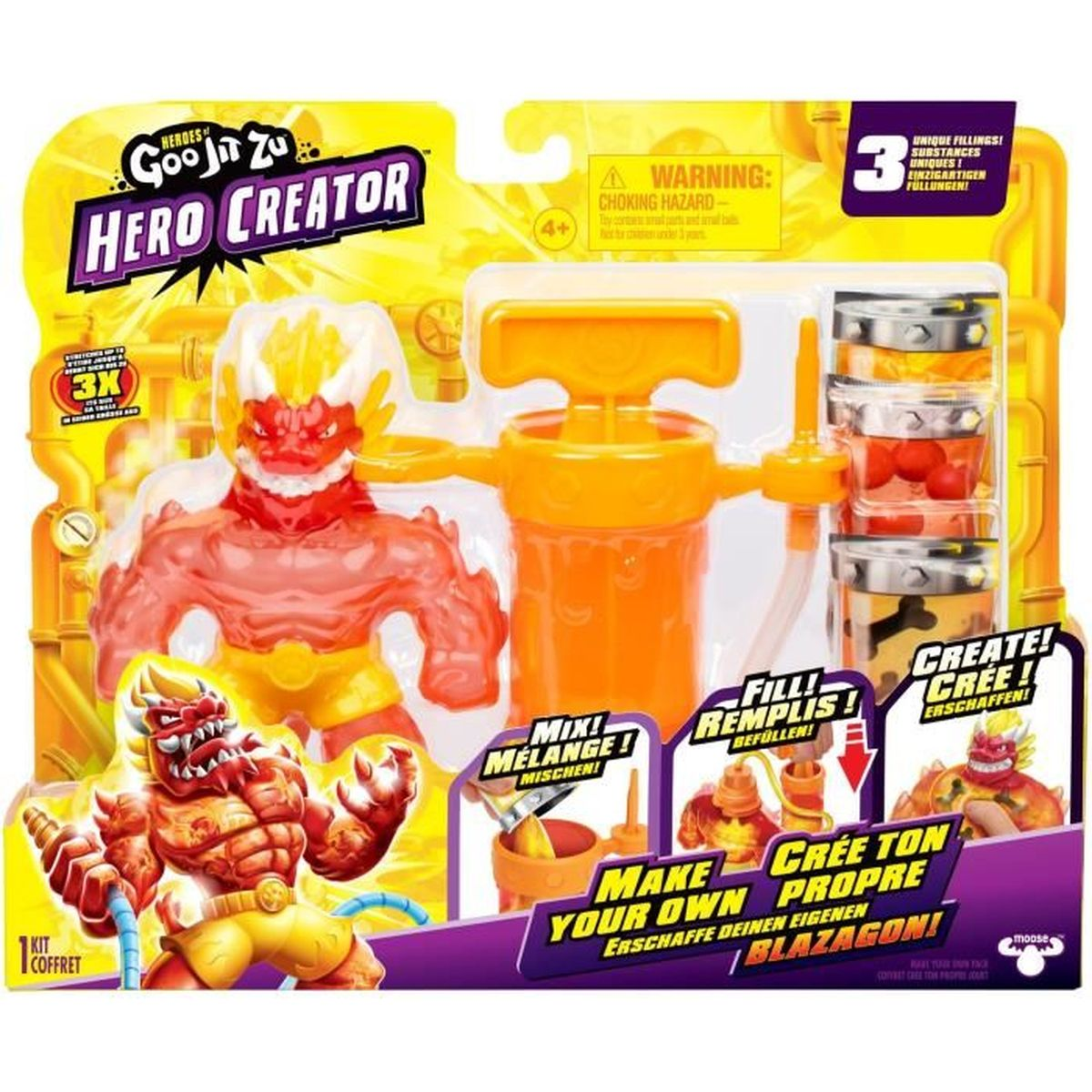 Goo Jit Zu Hero Creator Set mit orangefarbener Pumpe, Figur und Füllungen.