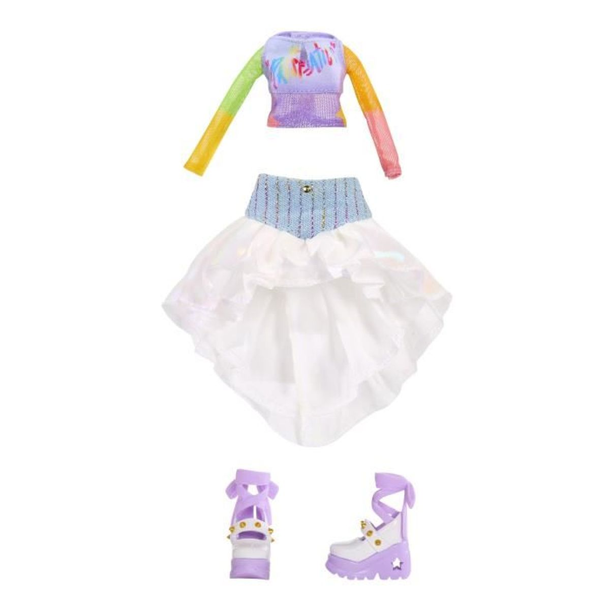 Ein lila Oberteil mit bunten Ärmeln, ein weißer Rock und lila Schuhe.