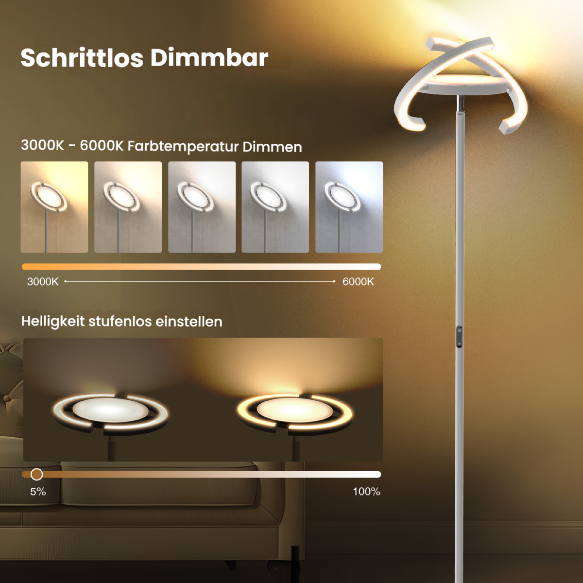 Ein moderner Stehleuchte mit stufenloser Dimmfunktion und einstellbarer Farbtemperatur.