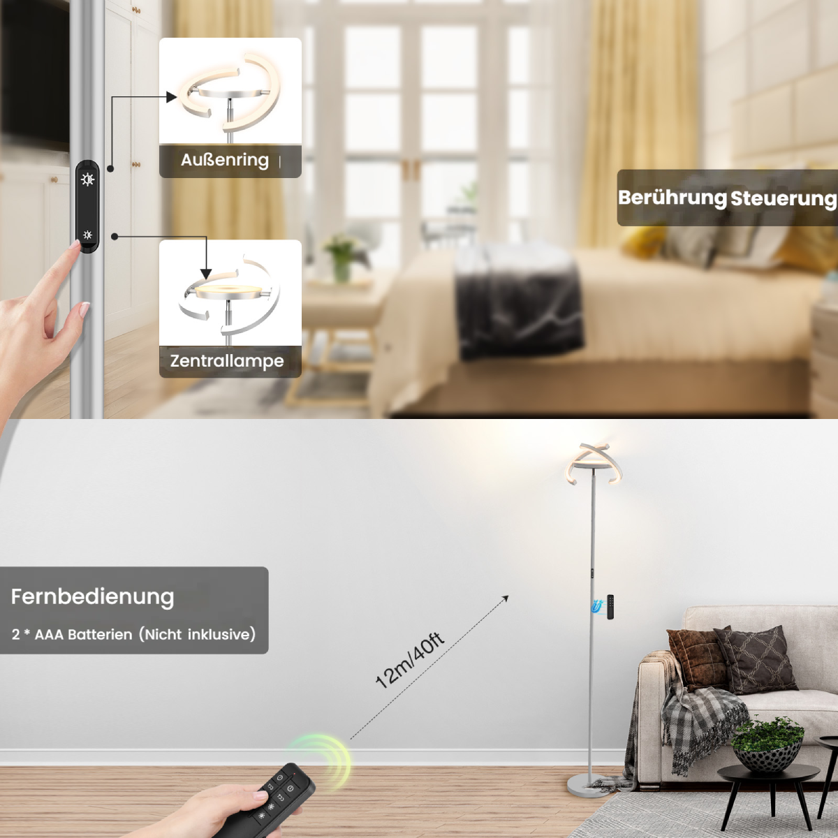 Moderne Stehleuchte mit Touch-Steuerung und Fernbedienung in einem Schlafzimmer.