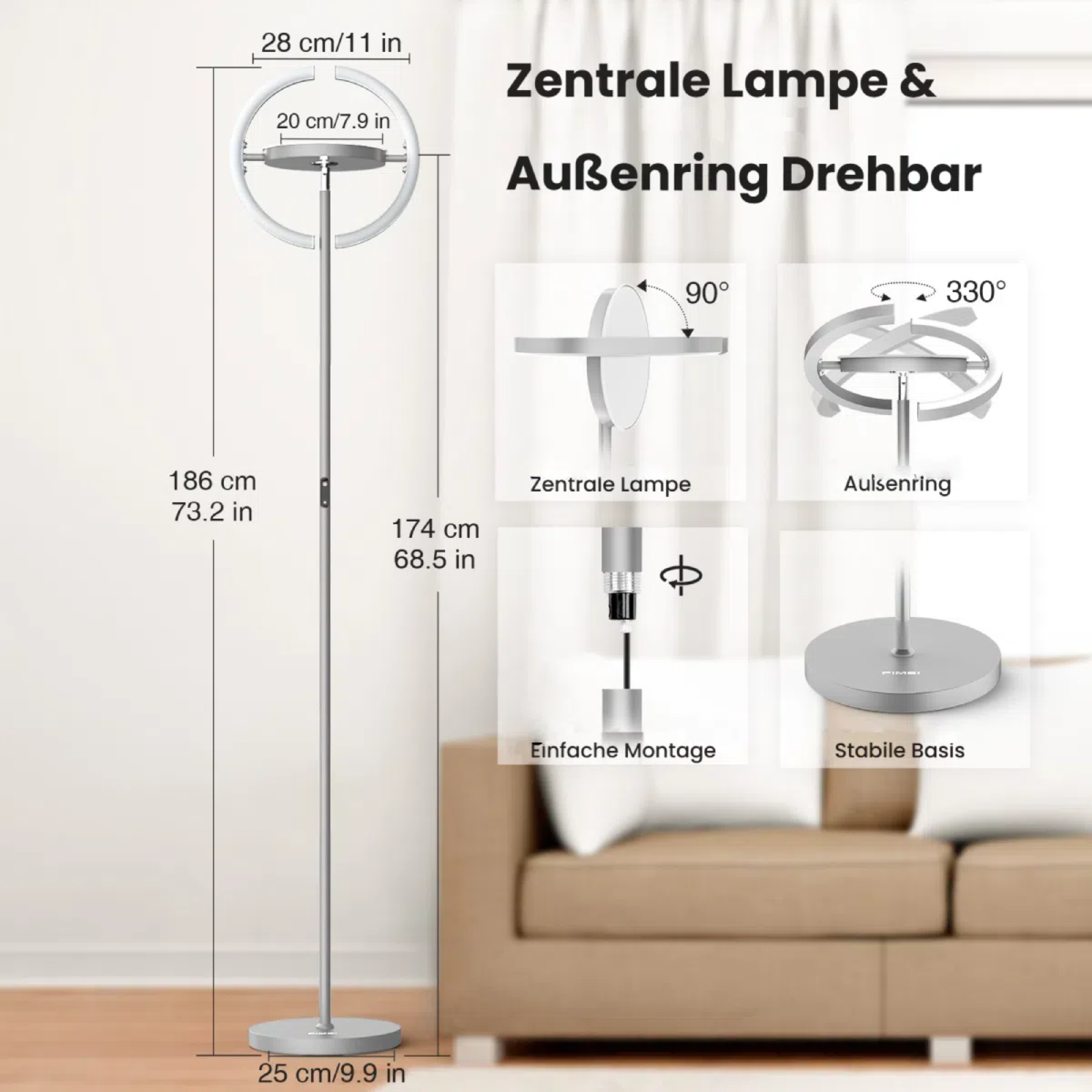 Moderner Stehleuchte mit drehbarem Ring und zentraler Lampe.