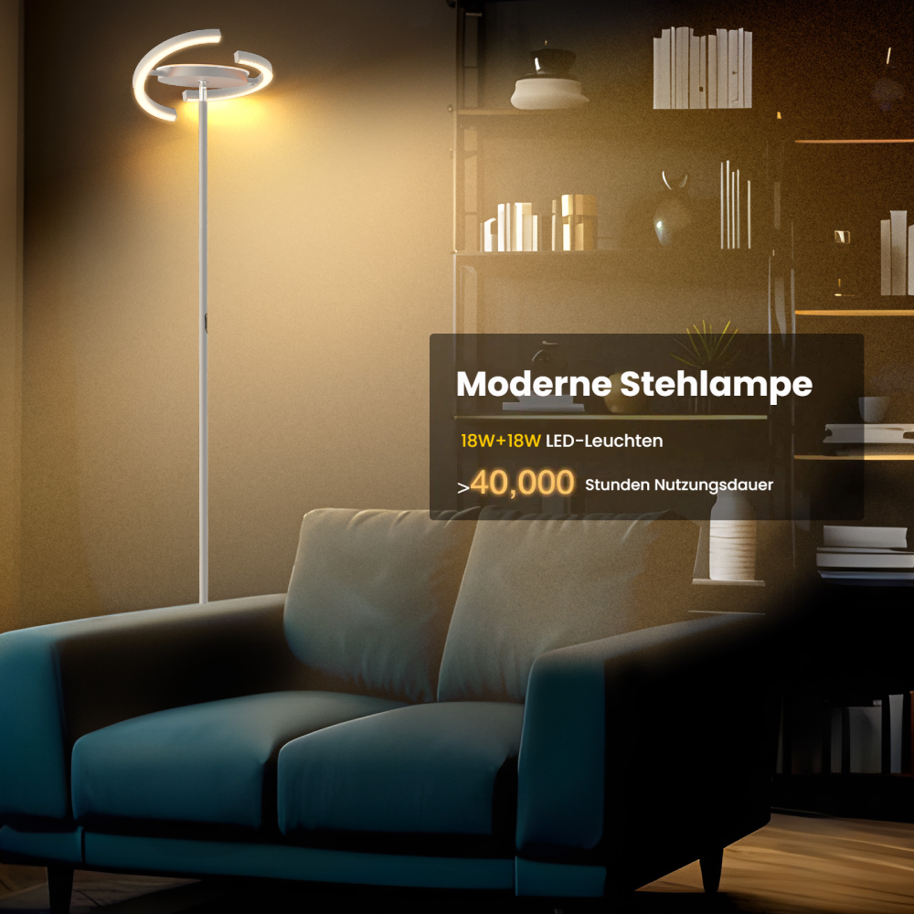 Moderne Stehlampe neben Sofa, mit Text über Leistung und Lebensdauer.