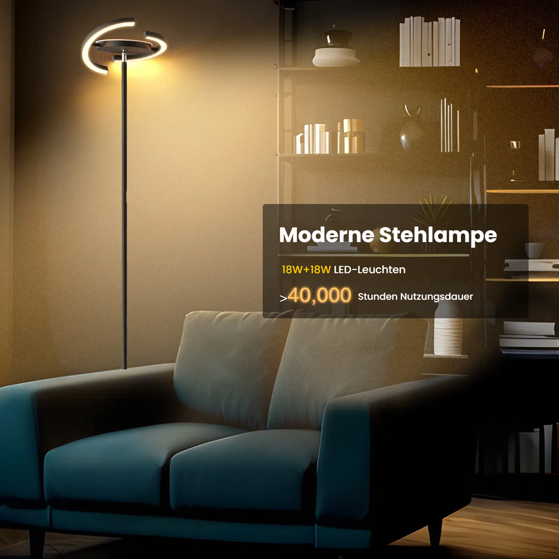 Moderne Stehlampe mit warmem Licht neben einem Sofa.