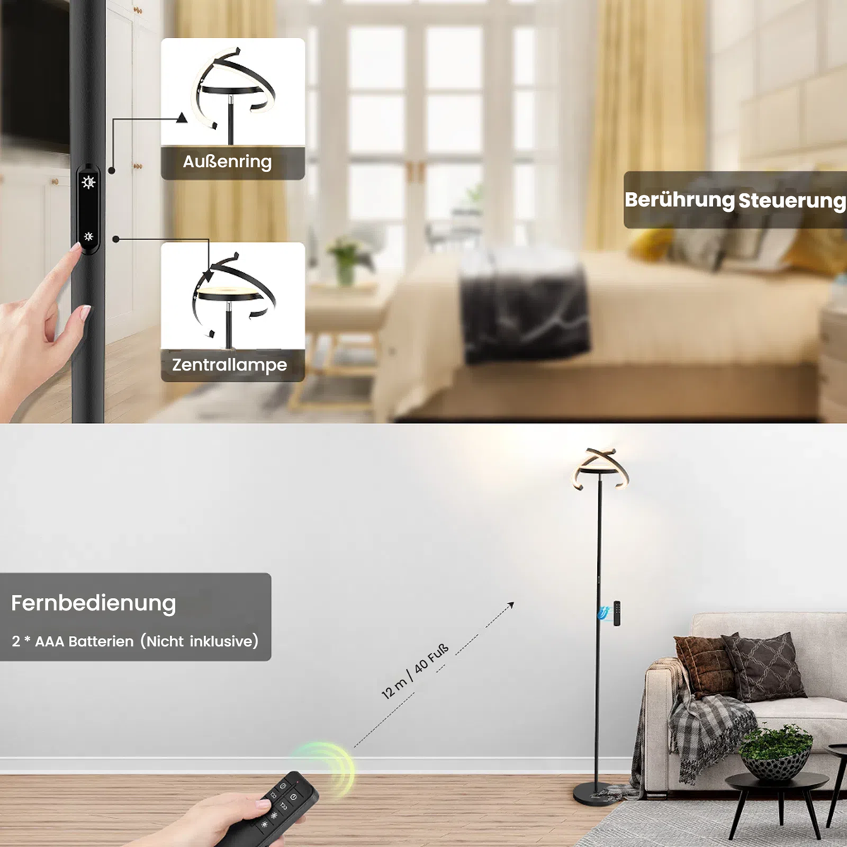 Moderne Stehlampe mit Touch-Steuerung und Fernbedienung in einem Schlafzimmer.