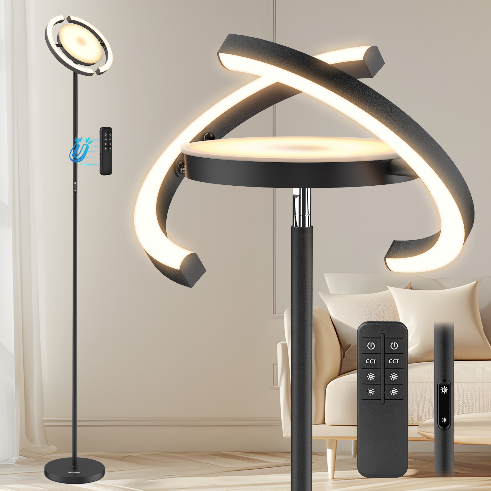 Ein moderner schwarzer Stehlampe mit zwei Lichtringen und Fernbedienungen.