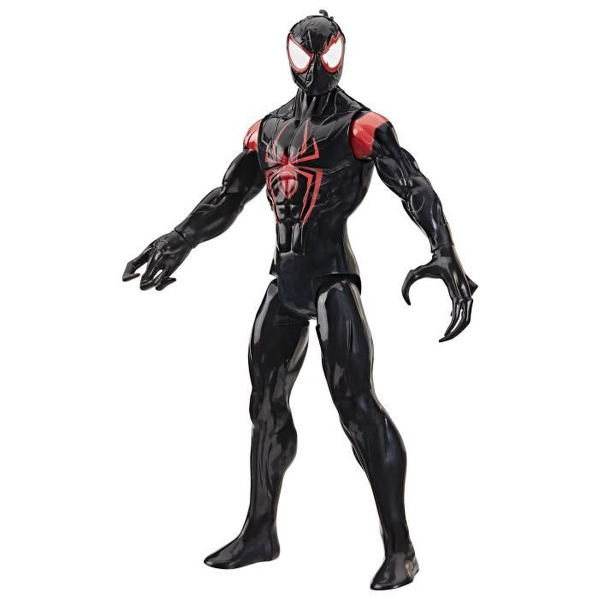 Eine schwarze Spider-Man-Figur mit roten Akzenten und einem Spinnenlogo auf der Brust.