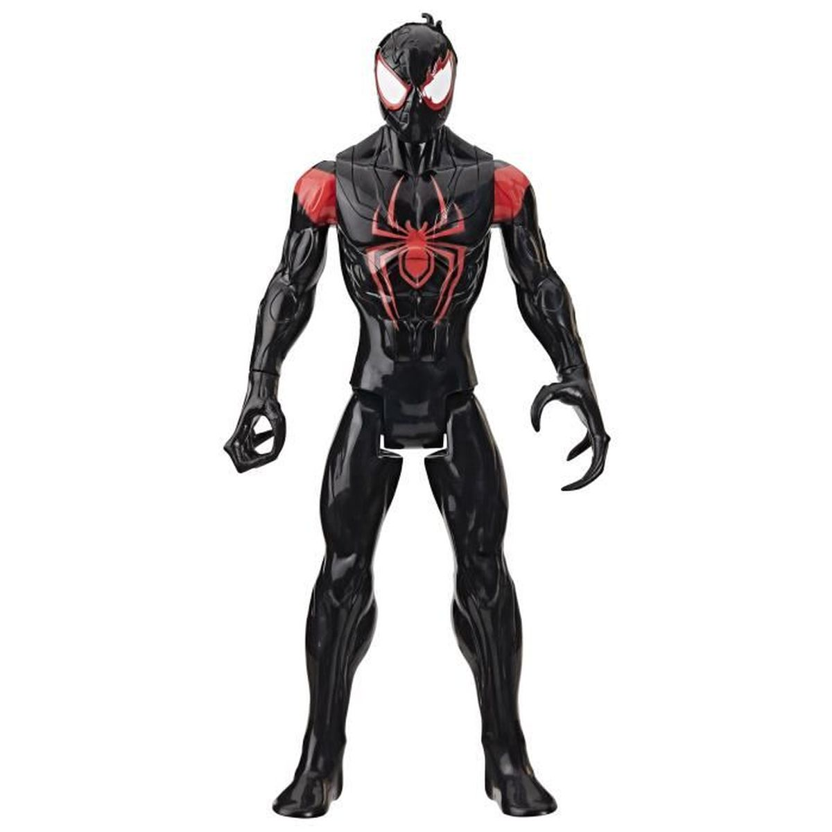 Eine schwarze Spiderman-Figur mit rotem Spinnenlogo und roten Akzenten.