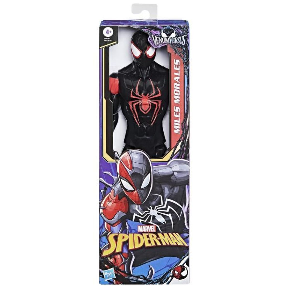 Spider-Man-Figur in schwarzer Verpackung mit roten Akzenten und Spinnenlogo.