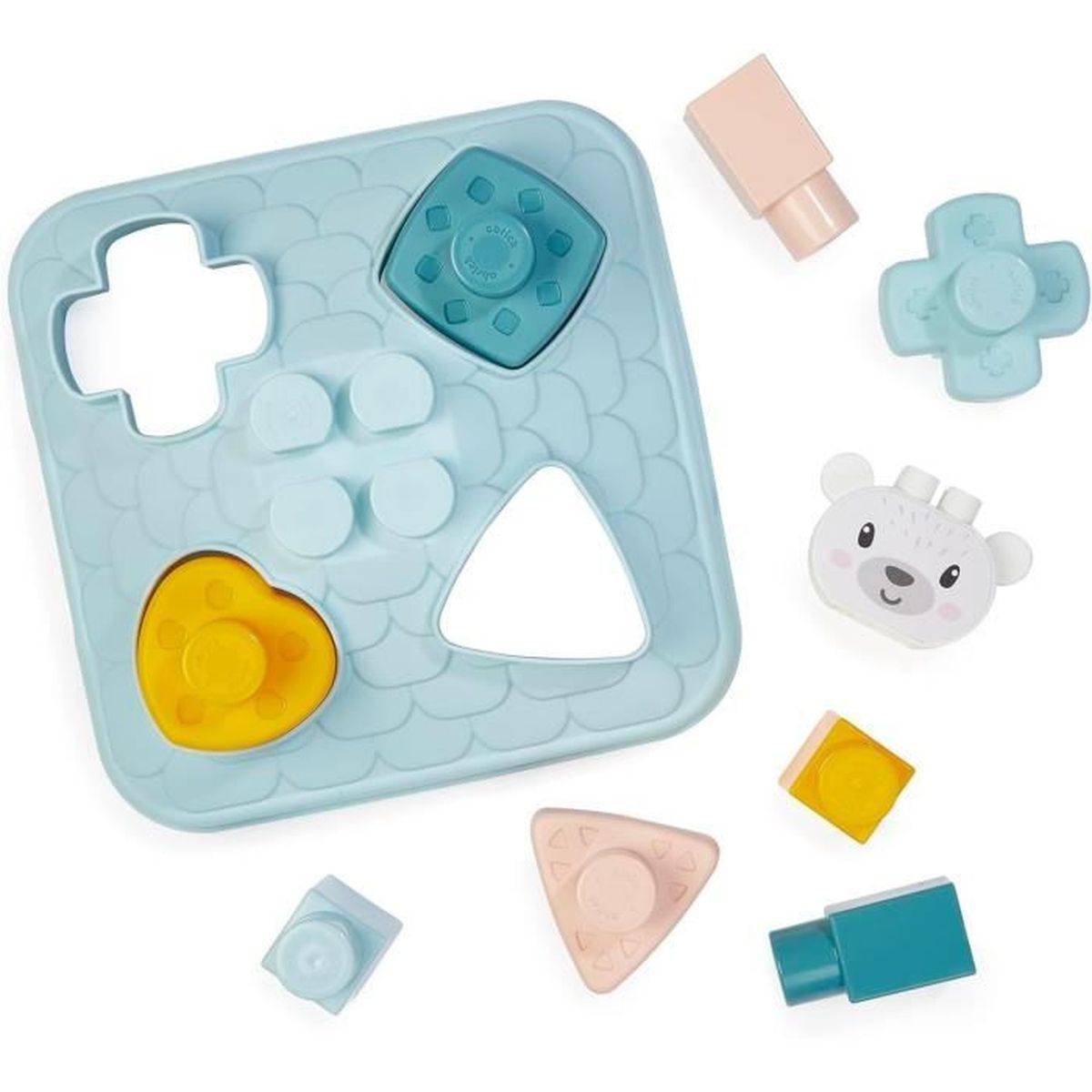 Ein blaues Sortierspielzeug mit verschiedenen Formen und bunten Blöcken.