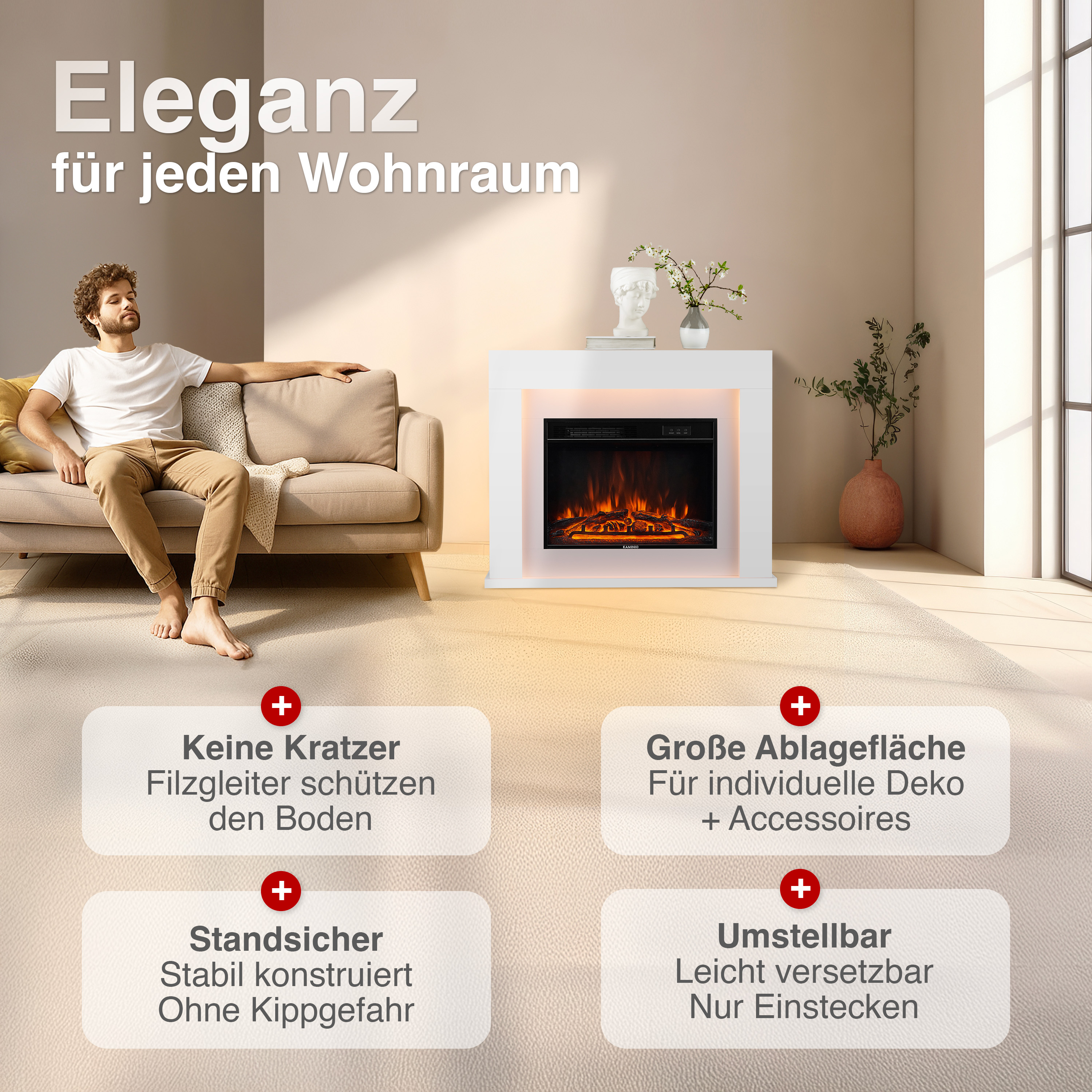 Mann auf Sofa vor modernem Kamin mit Flammen, Deko. Elegant für jeden Wohnraum.