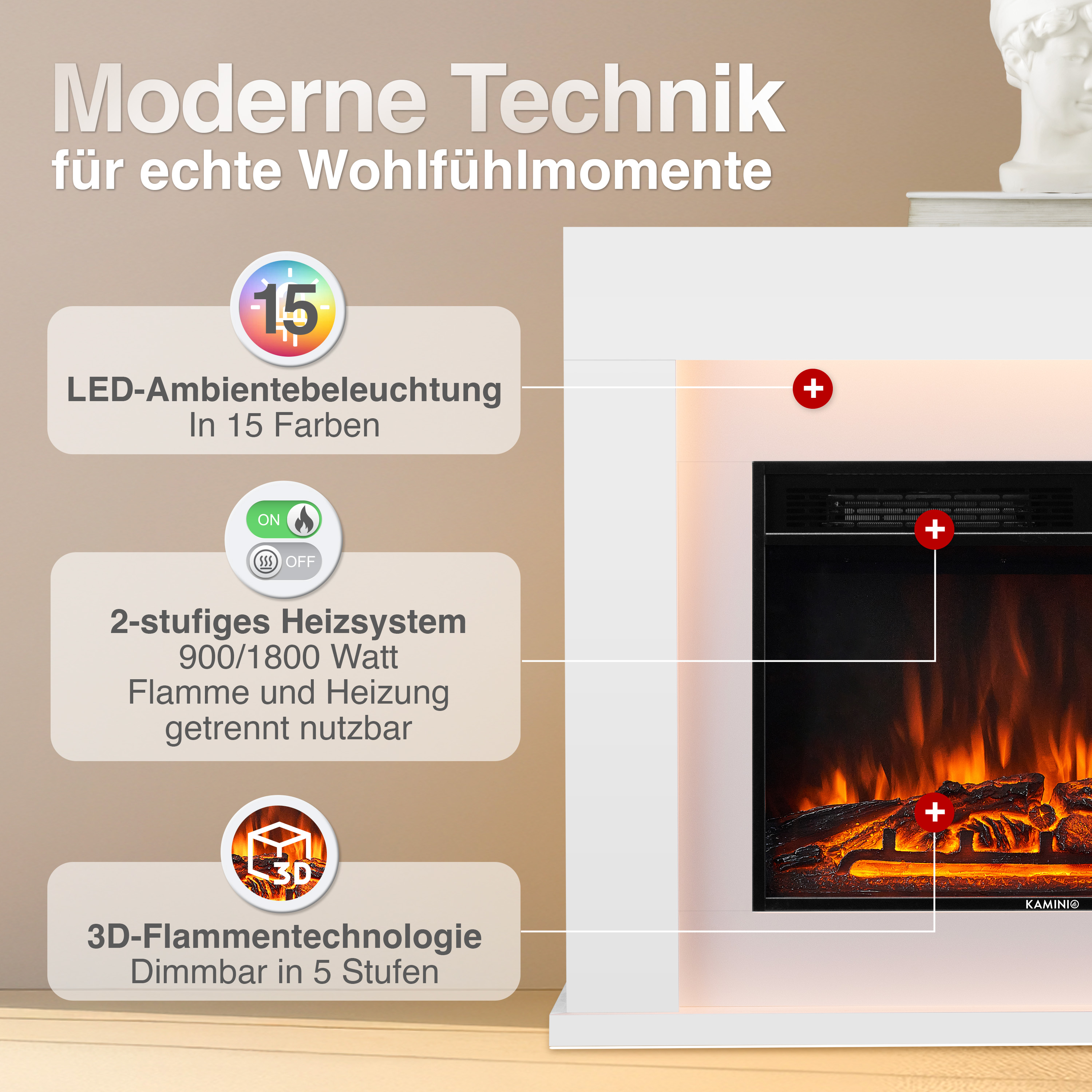 Moderner Elektrokamin mit LED-Beleuchtung, 2 Heizstufen und 3D-Flammentechnik.