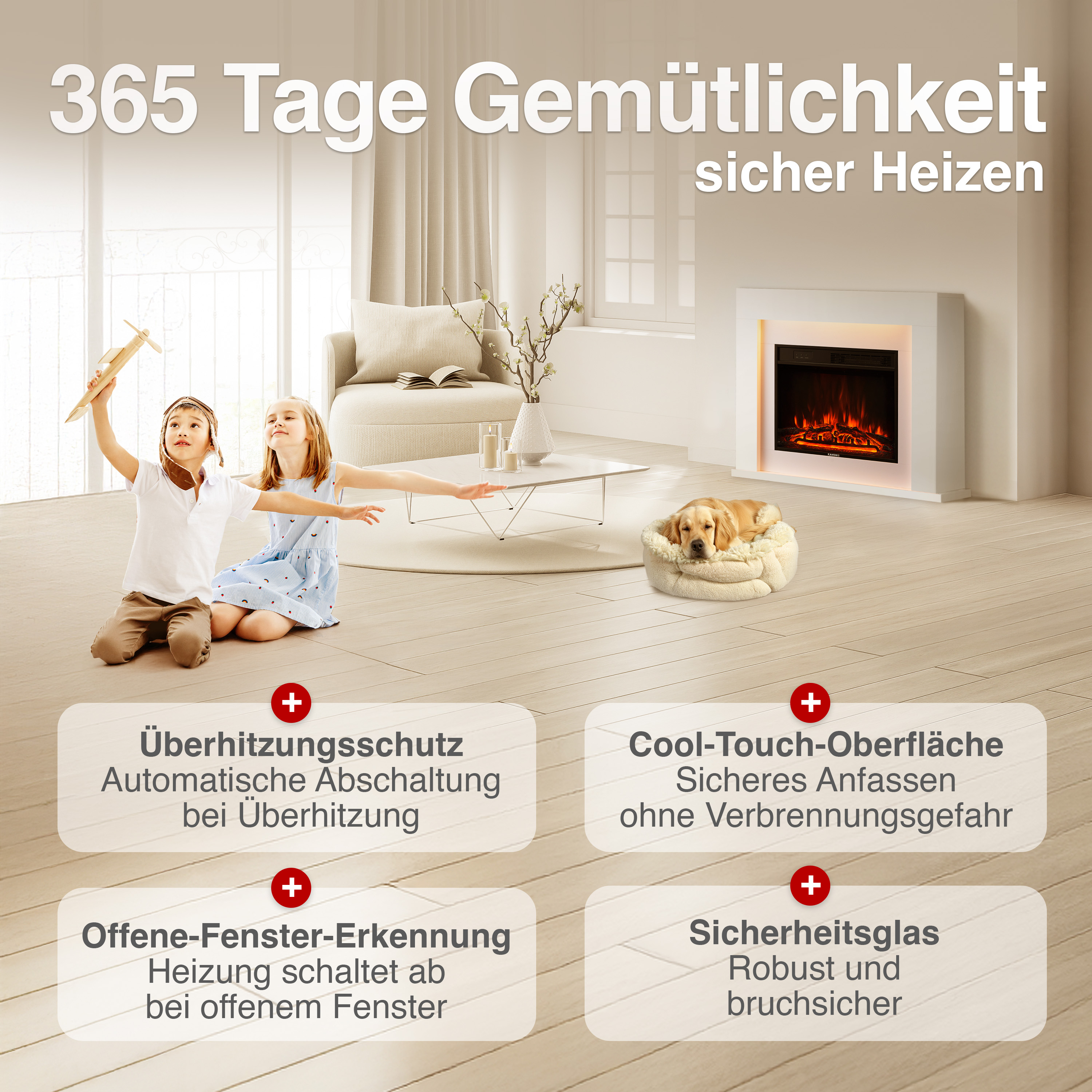 Kinder spielen mit Flugzeug vor Kamin. Hund liegt im Körbchen.