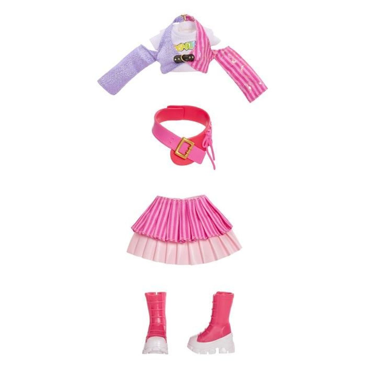 Ein pinker Rock mit Falten, ein Kragen, ein Oberteil und Stiefel.