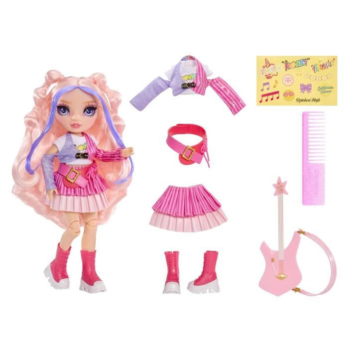 Eine Puppe mit langen rosa Haaren und Zubehör: Jacke, Rock, Halsband, Stiefel, Gitarre.
