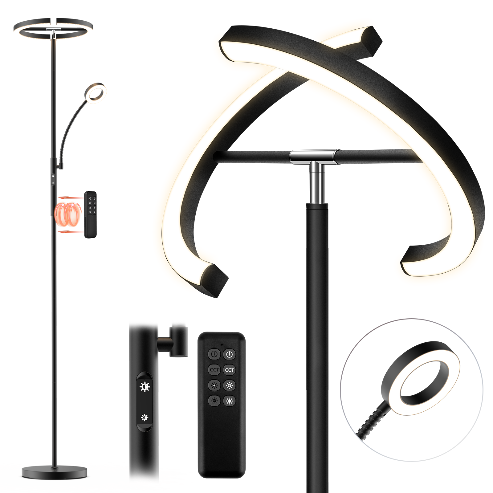 Moderner schwarzer Stehlampe mit Ringlampen und Fernbedienung.
