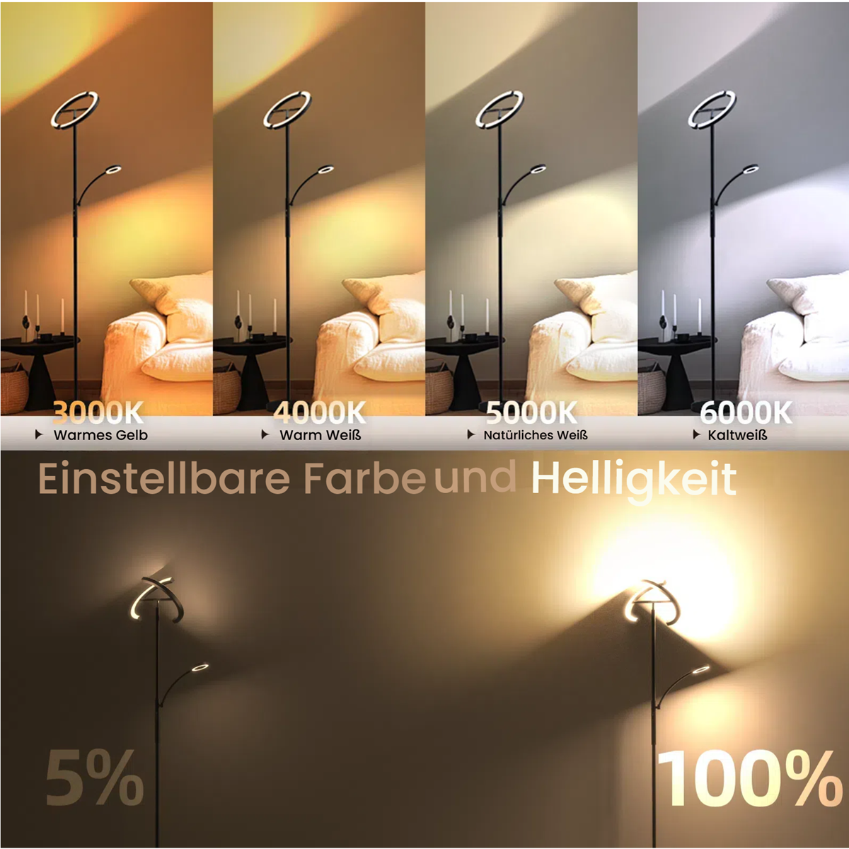 Stehleuchte mit einstellbarer Farbtemperatur und Helligkeit, von warm bis kalt.