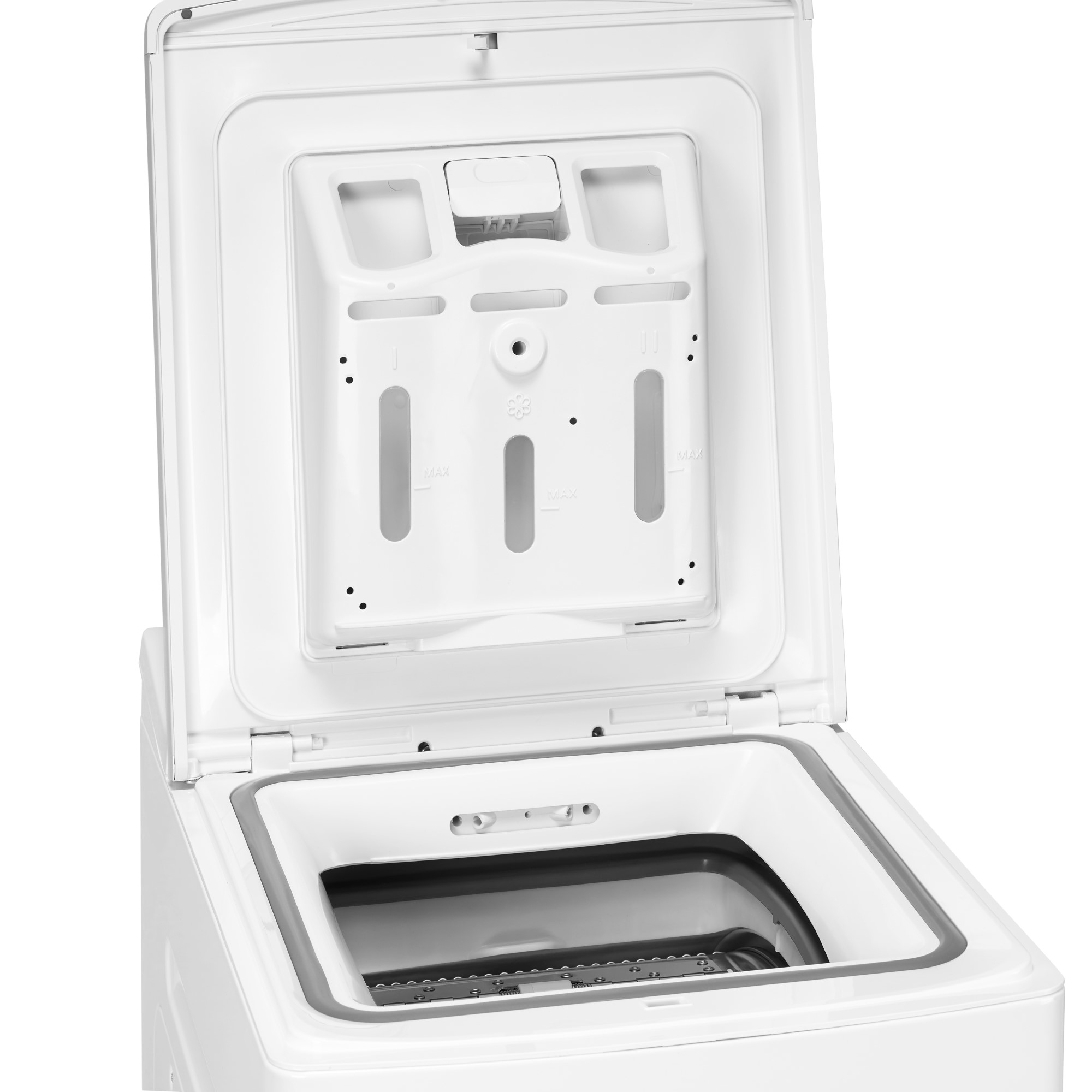 Coperchio aperto lavatrice bianca con dispenser e vasca.