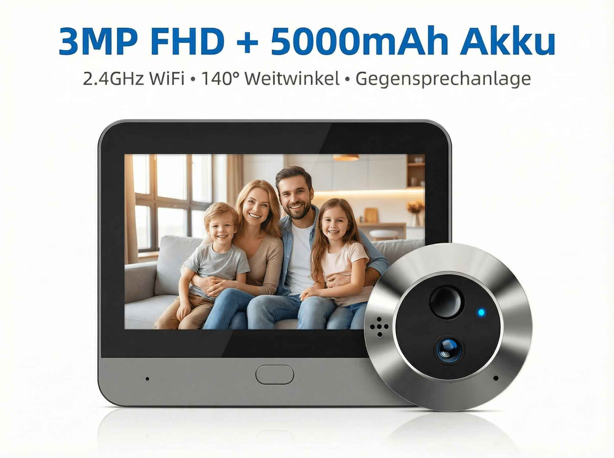 Ein Türspion mit einem Bildschirm, der eine lächelnde Familie zeigt. Spezifikationen sind aufgeführt.