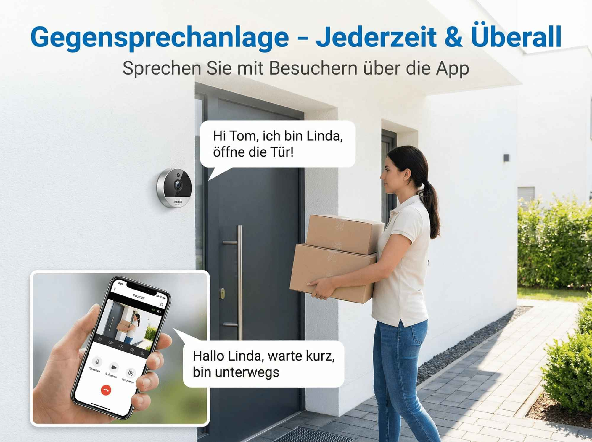 Eine Frau mit Paketen steht vor einer Tür, daneben eine Klingelkamera und ein Handy.