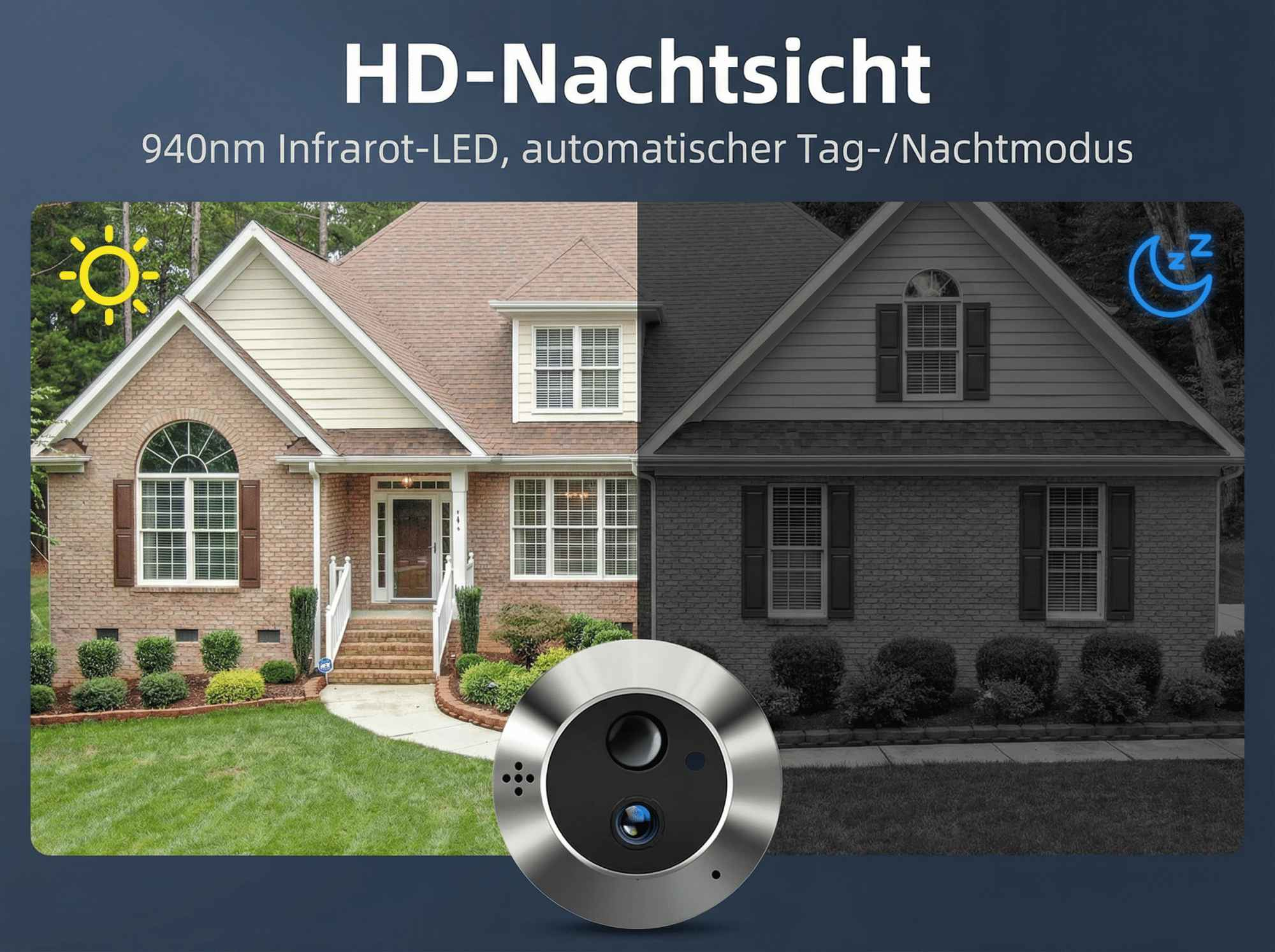 Hausansicht Tag und Nacht mit Überwachungskamera im Vordergrund.