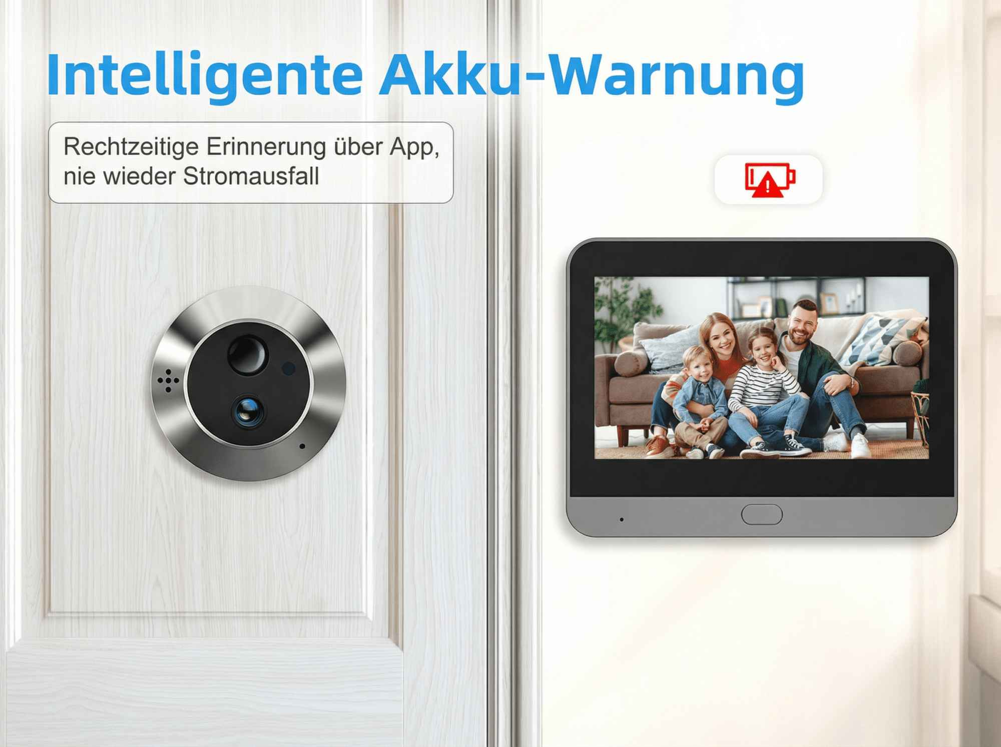 Smarte Türklingel mit Kamera und Bildschirm, die eine Familie zeigt. Akku-Warnsymbol.