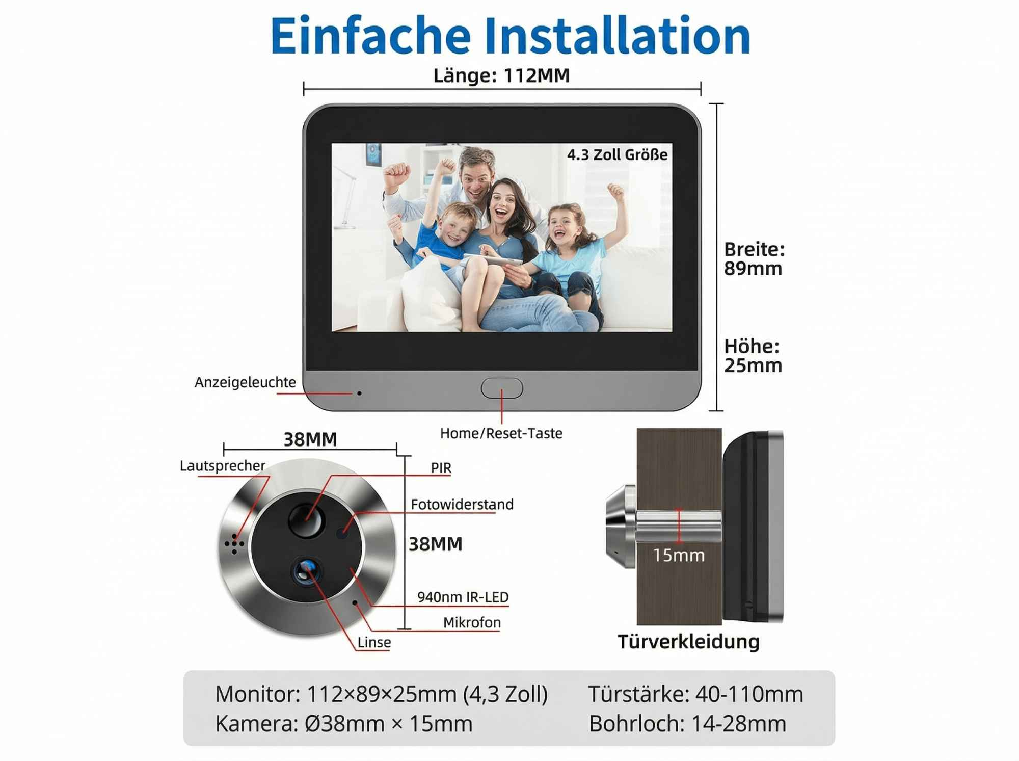 Diagramm eines Türspions mit Monitor. Maße und Komponenten sind beschriftet.