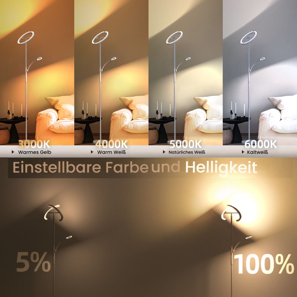 Stehleuchte mit einstellbarer Farbe und Helligkeit, von warmgelb bis kaltweiß.