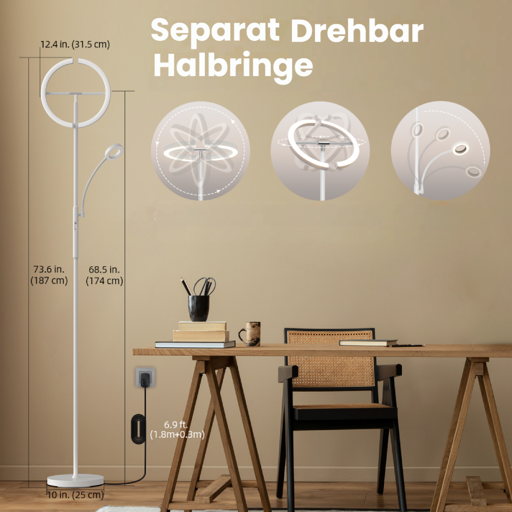 Ein weißer Stehlampe mit Ringlicht und Schwanenhalslampe steht neben einem Schreibtisch.