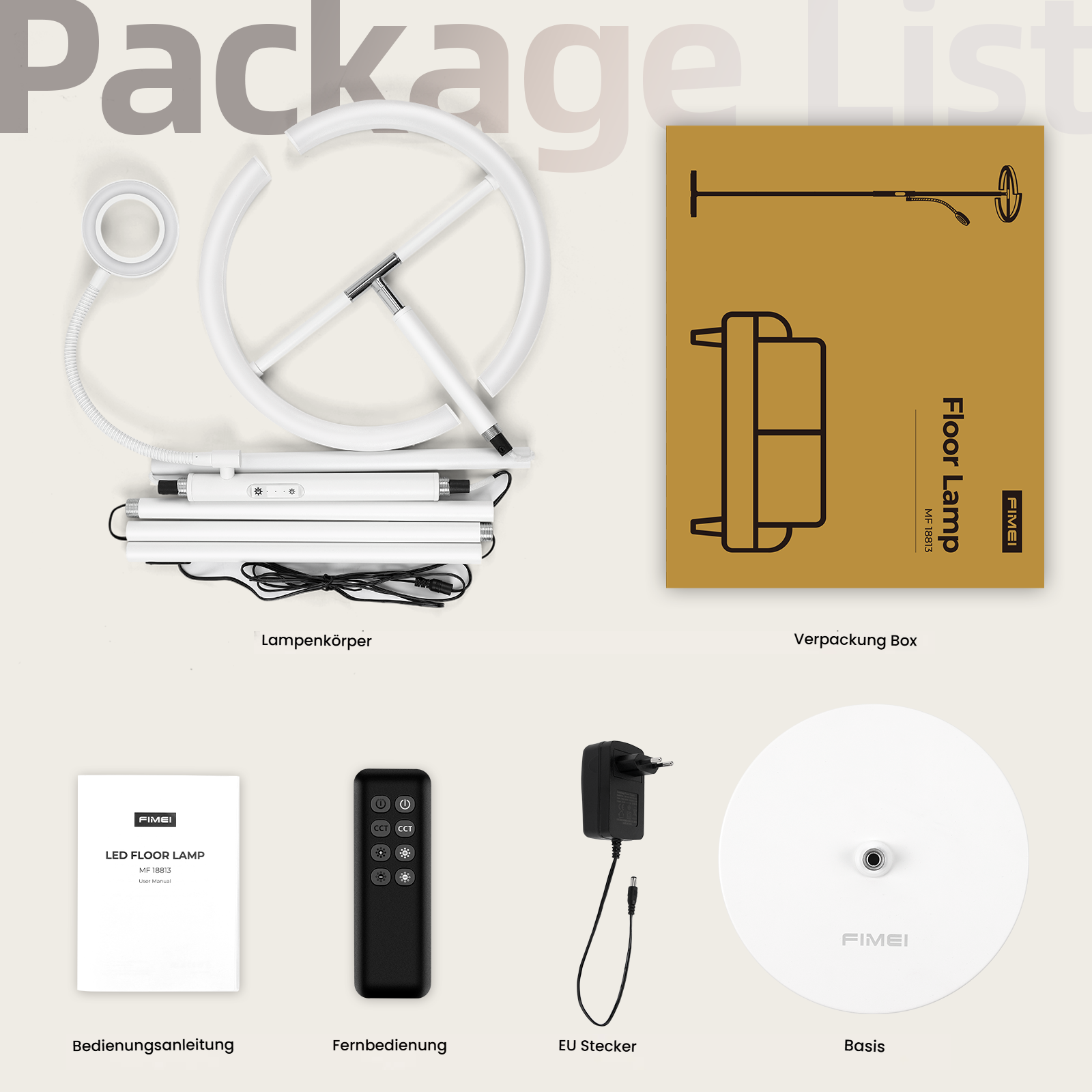 Fünf Teile einer Stehlampe: Lampenkörper, Verpackungsbox, Anleitung, Fernbedienung, Netzteil und Basis.