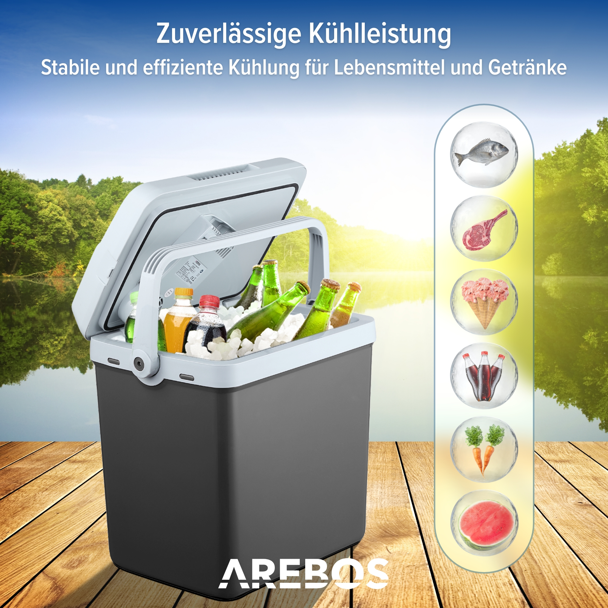 Offene Kühlbox mit Flaschen und Eis auf Holzplanken, daneben Icons von Lebensmitteln.