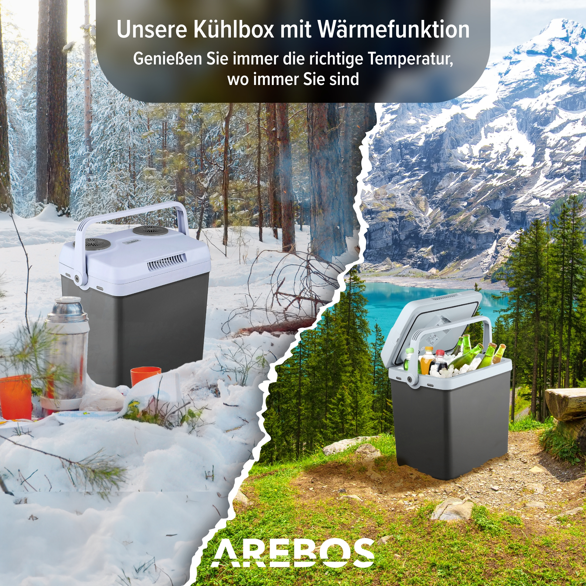 Eine Kühlbox steht im Schnee und daneben im Grünen mit Getränken.