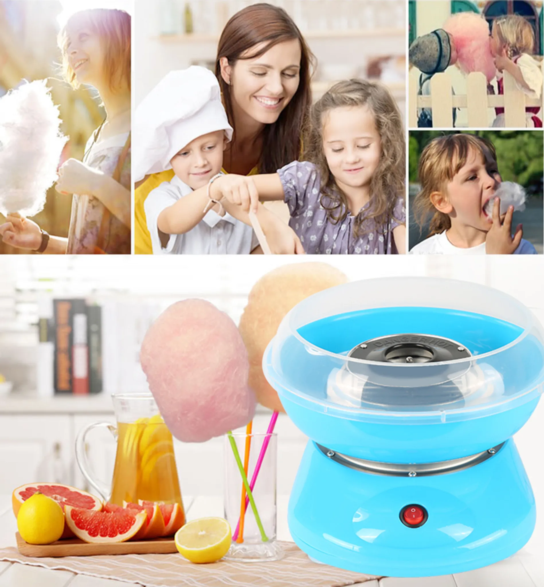 Collage mit süßer Zuckerwatte: Familie, Kinder, Maschine, Früchte und Getränke.