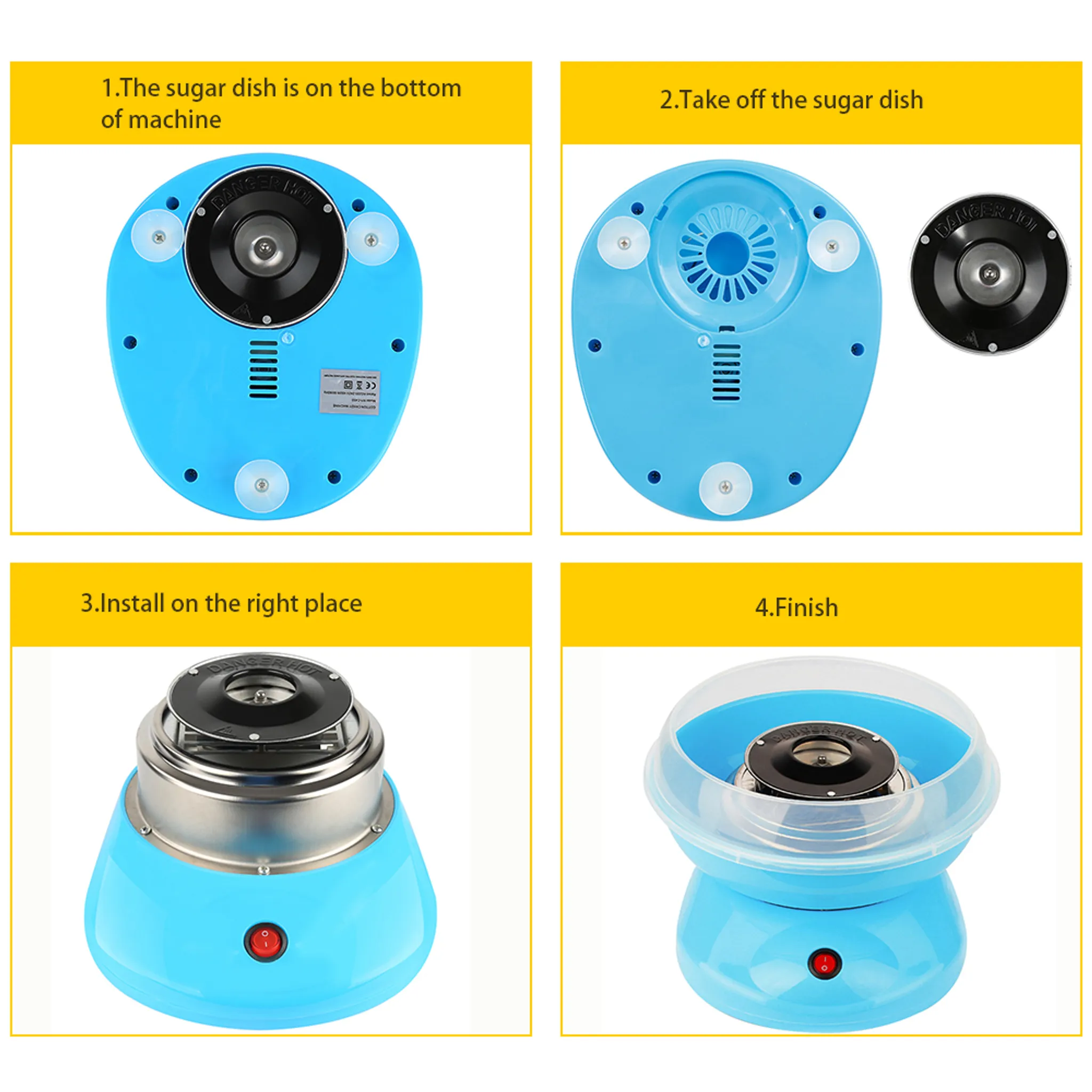 Anleitung für eine blaue Zuckerwattemaschine in vier Schritten.
