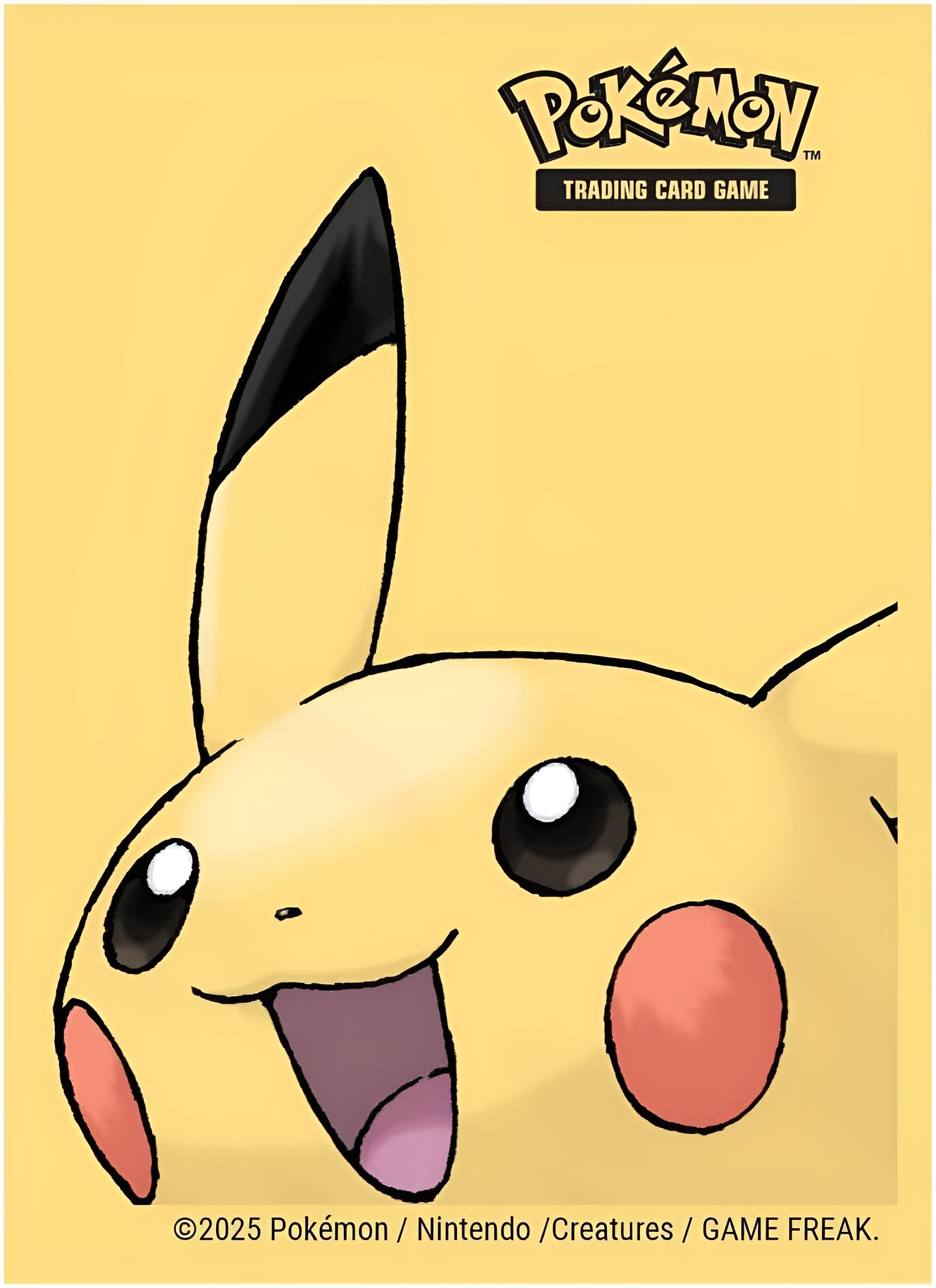 Pikachu mit schwarzen Ohren, roten Wangen und offenem Mund auf gelbem Hintergrund.
