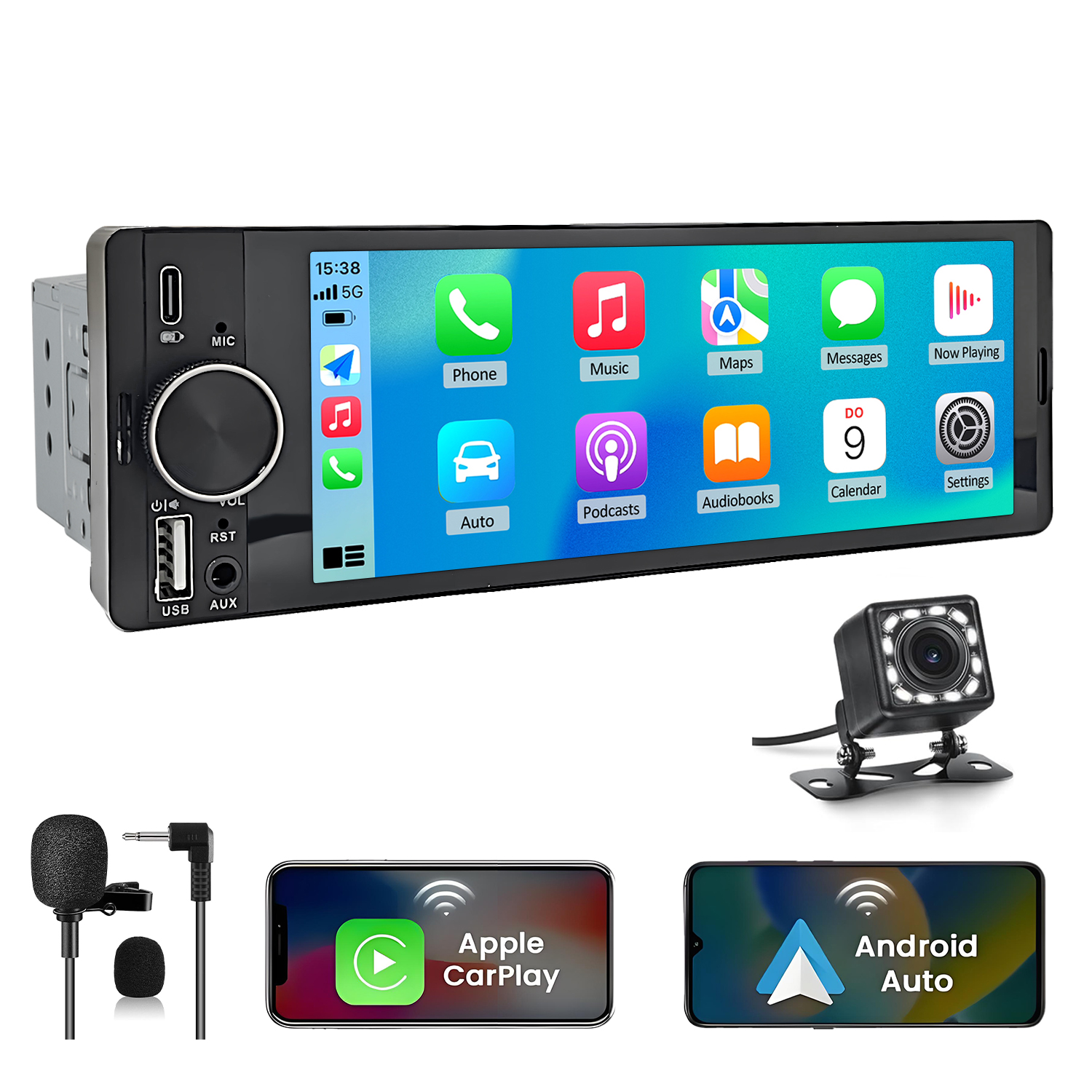 Autoradio con touchscreen, microfono, telecamera posteriore, Apple CarPlay e Android Auto.