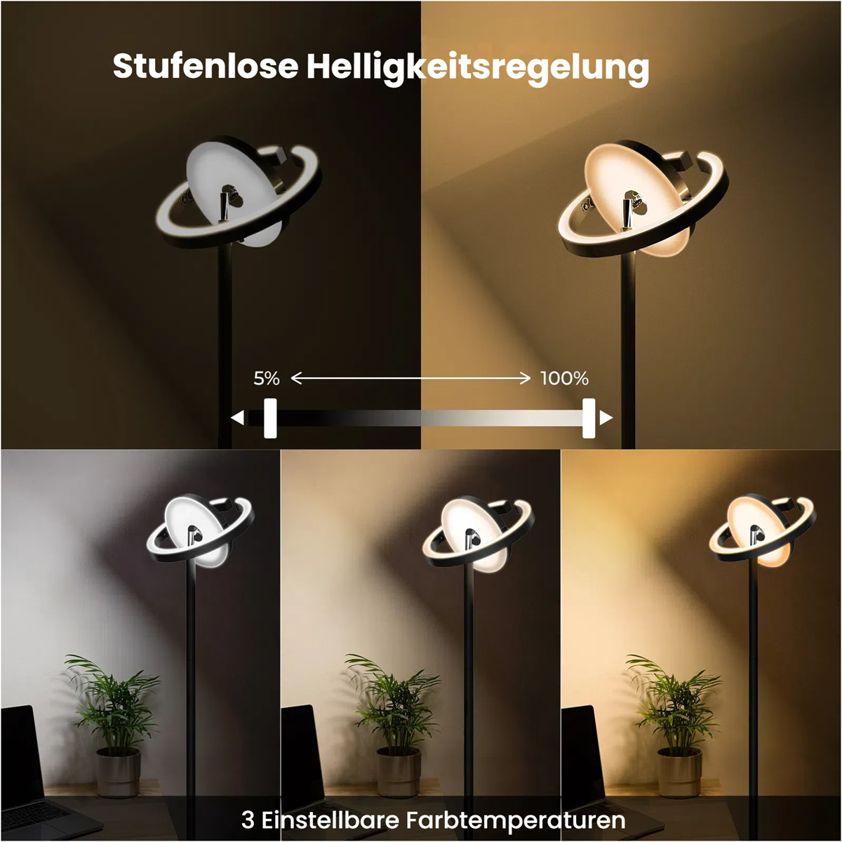 Stehlampe mit einstellbarer Helligkeit und Farbtemperatur.