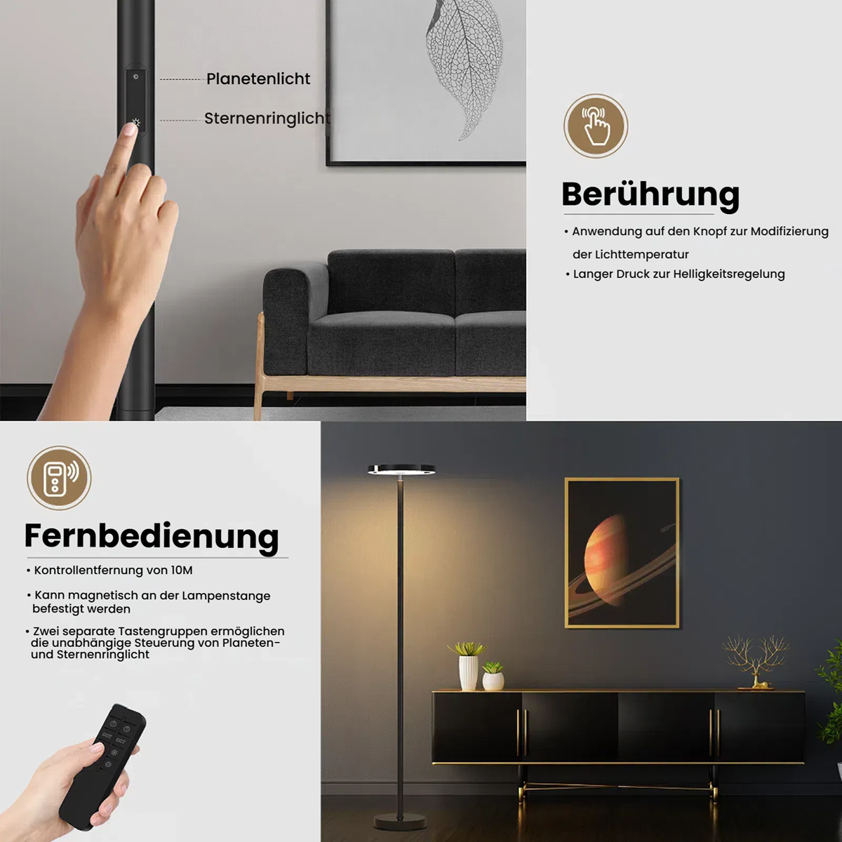 Eine Person bedient eine Stehleuchte, die mit Fernbedienung und Berührungssteuerung beworben wird.