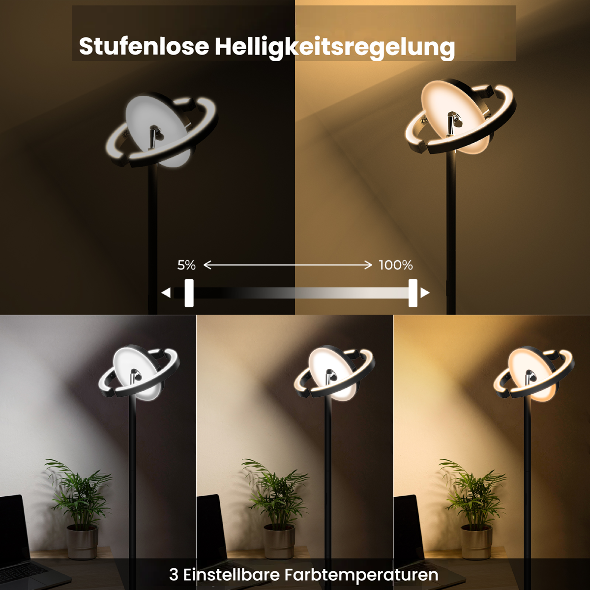 Ein moderner Stehlampe mit verstellbarer Helligkeit und Farbtemperatur.