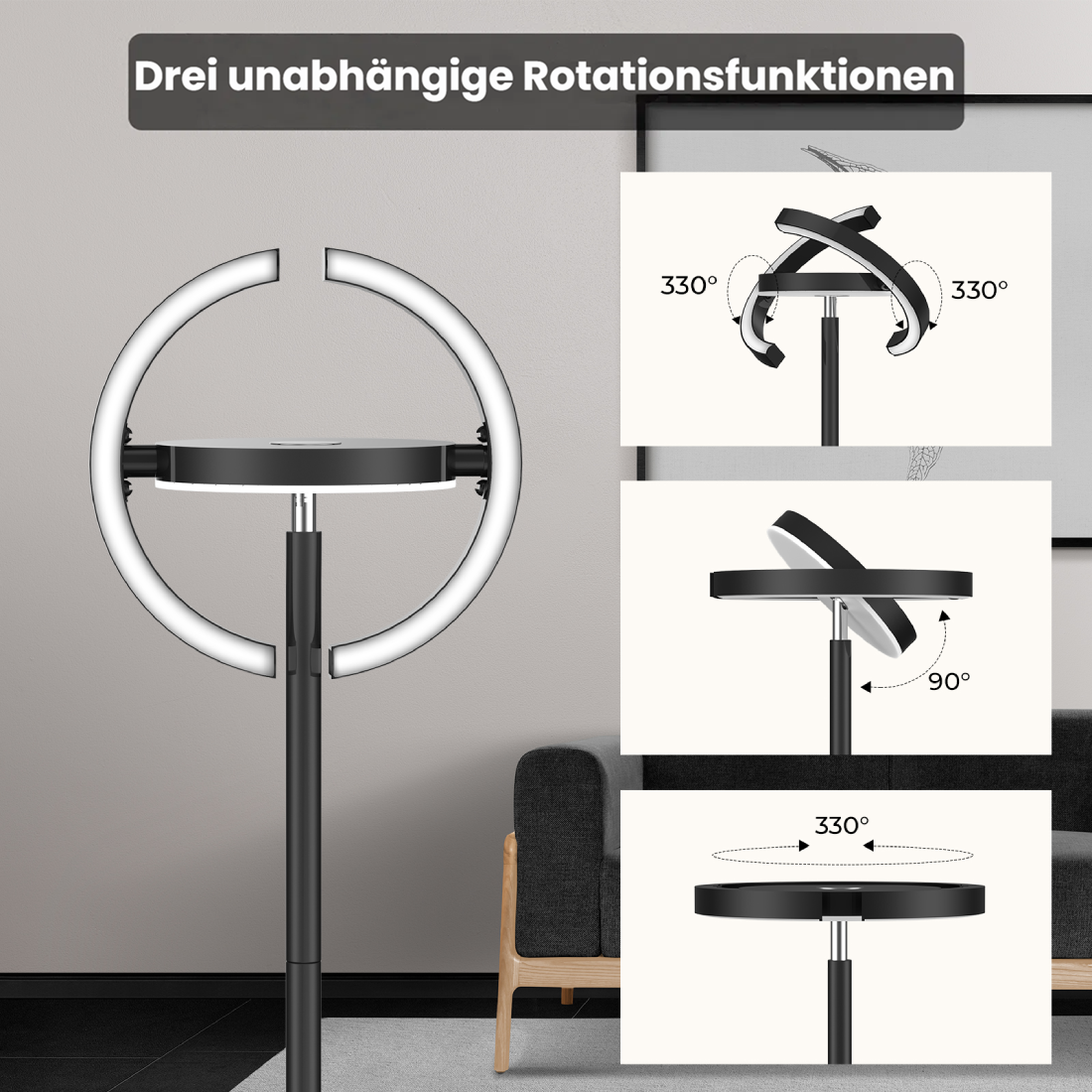 Ein schwarzer Ringlichtständer mit drei Rotationsanzeigen wird neben einem Sofa gezeigt.