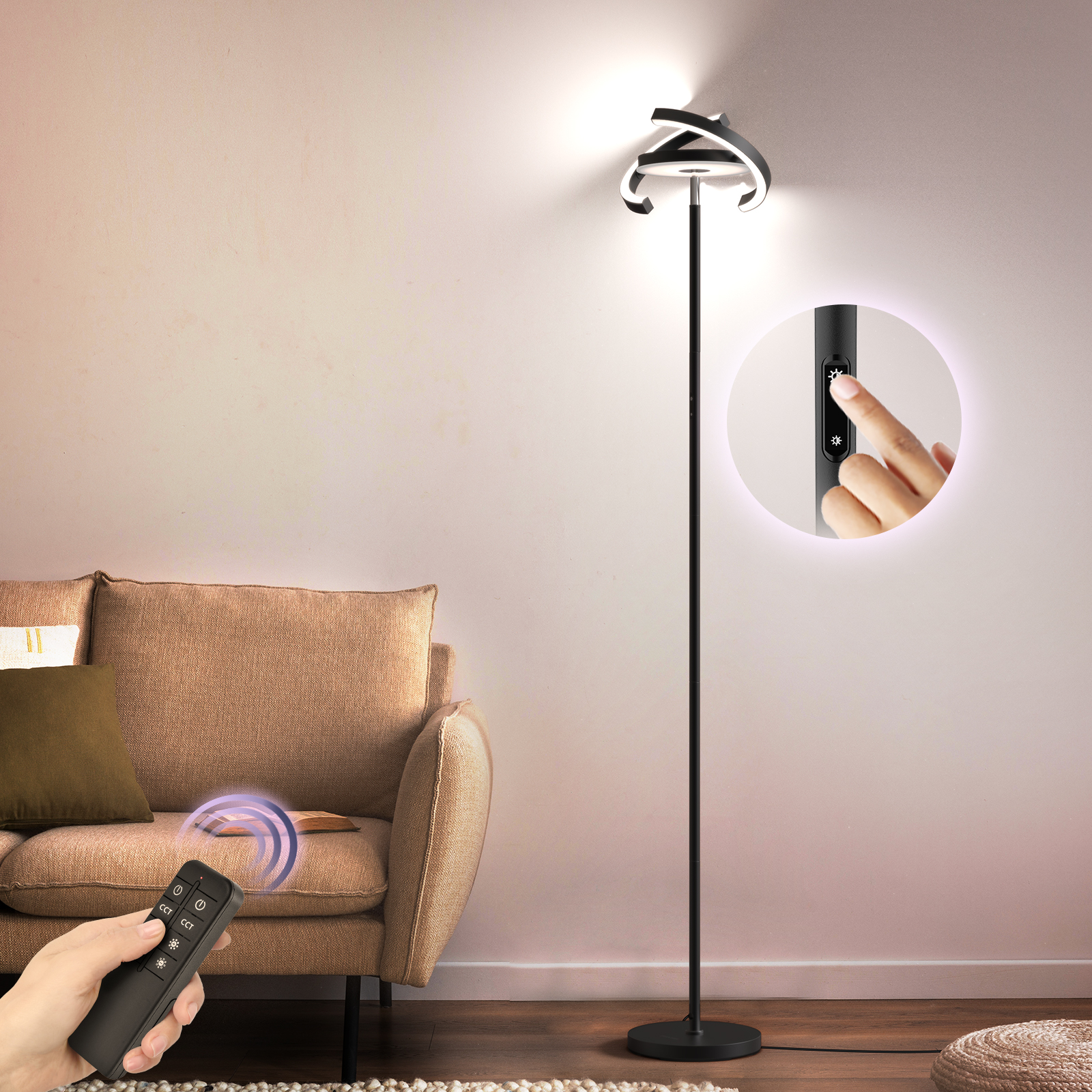 Moderner Stehlampe mit Fernbedienung und Touch-Steuerung.